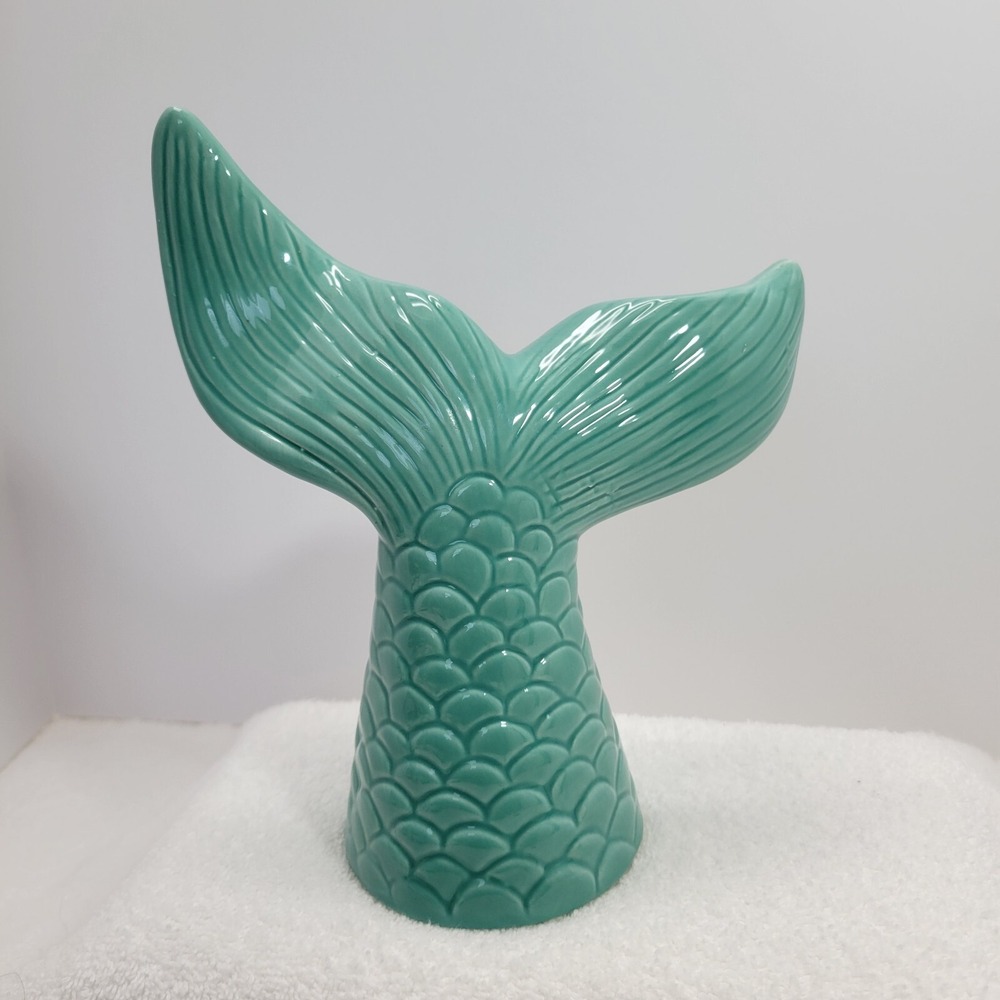 MERMAID Aqua Blue Pearlized Ceramic Mermaid Tail Coin Bank Girls Room Ocean